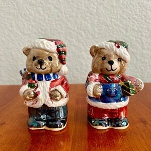 Ceramic Christmas Teddy Bears Salt and Pepper Shakers Hand Painted Lustre Finish